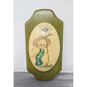 Vintage 10" Wood Wall Art Homemade Decoupage Boy / Girl Flower Garden Decor